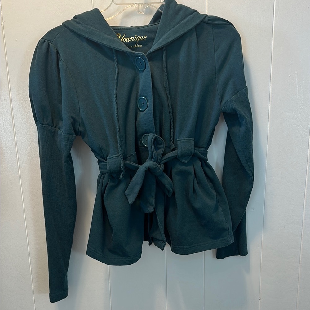 Y2K Green Cropped Jacket with Hood and Waist Tie